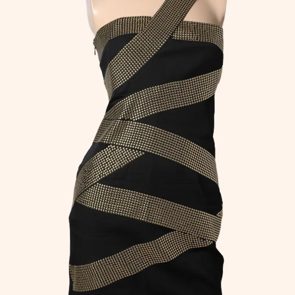 Robert Rodriguez One-Shoulder Black Dress with Gold Stud Bands